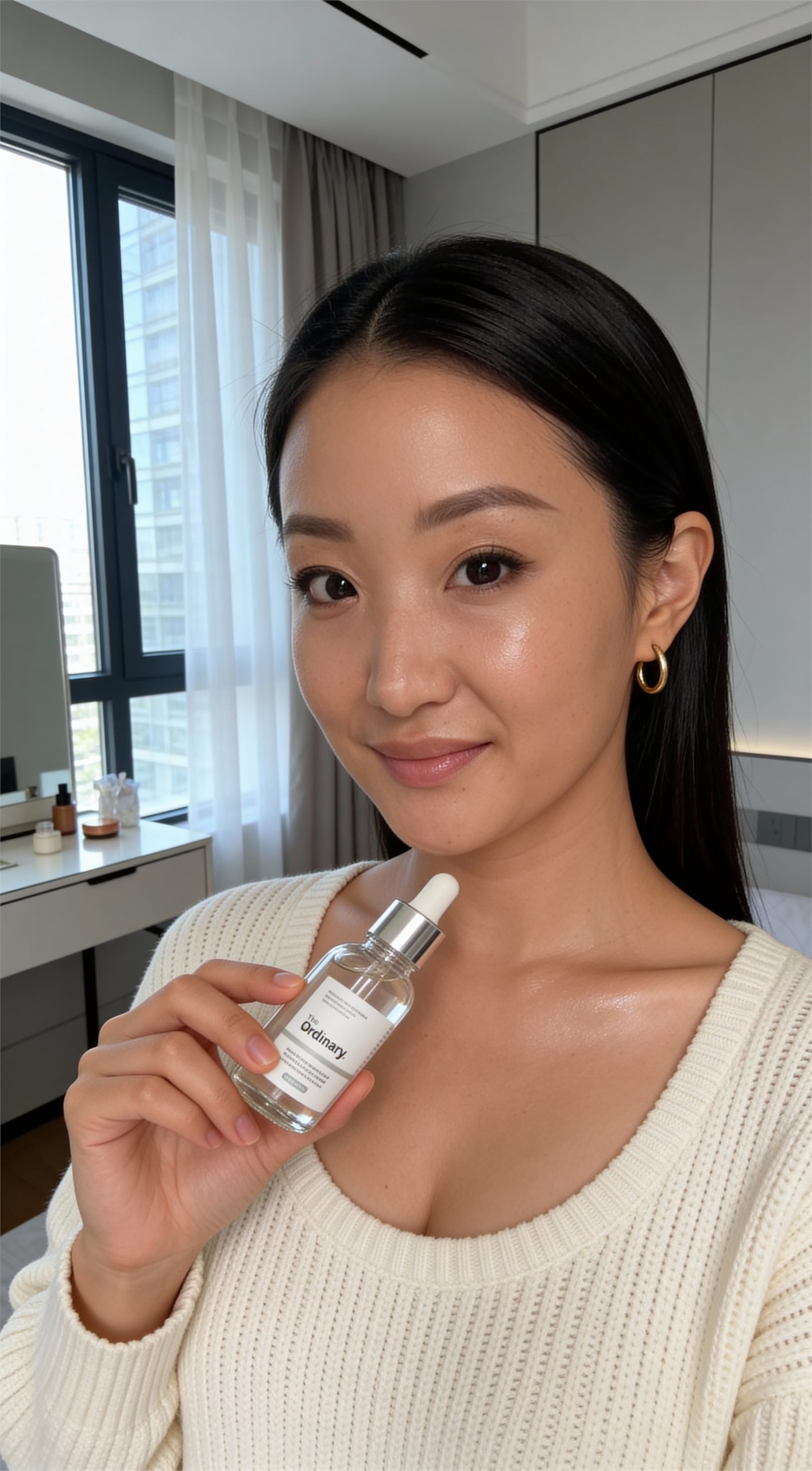 Susie holding a serum in a calm portrait suited to barrier recovery.