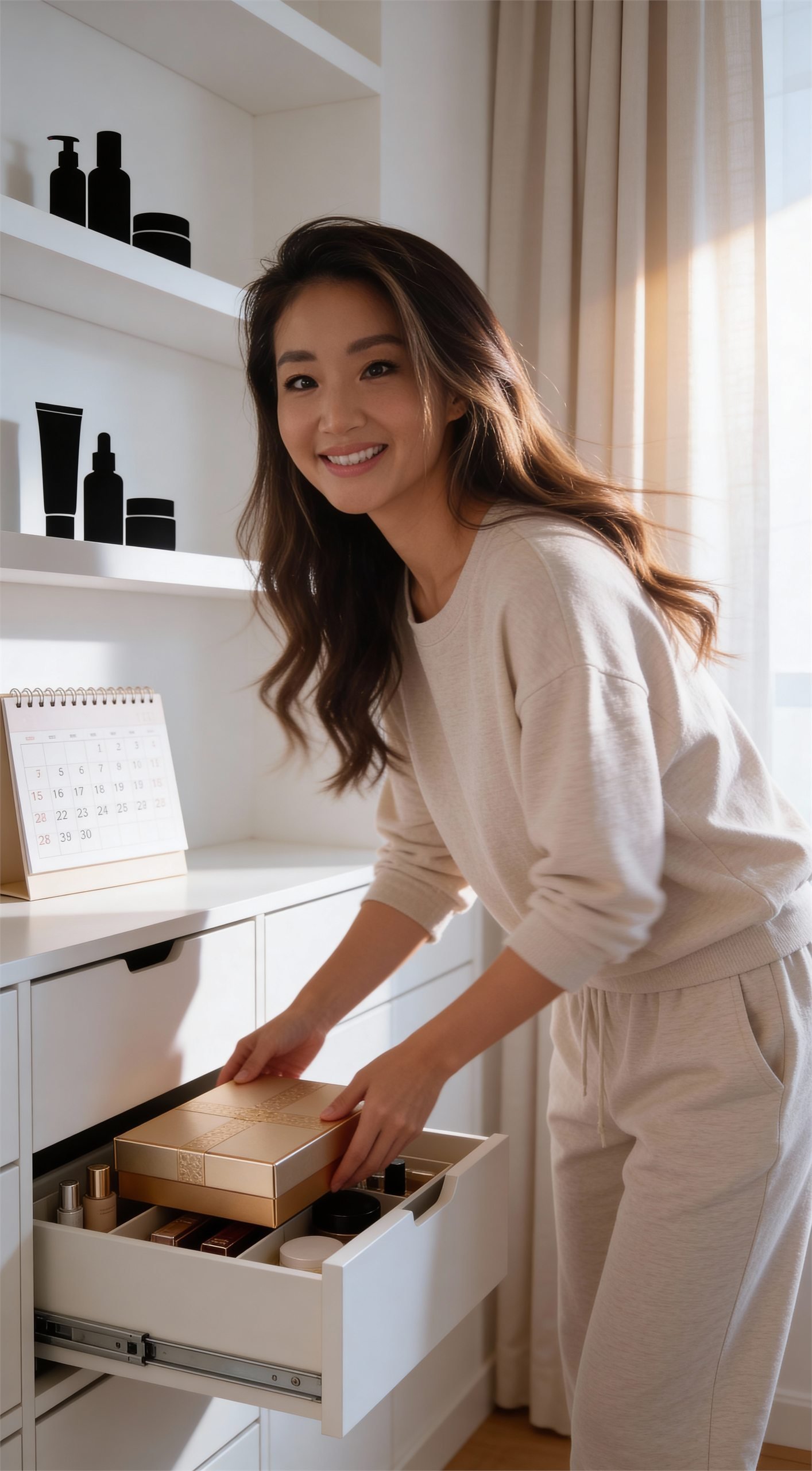 Susie smiling while organizing a beauty drawer in a bright room.