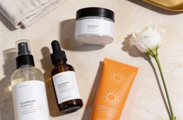 A polished flat lay of antioxidant skincare products.