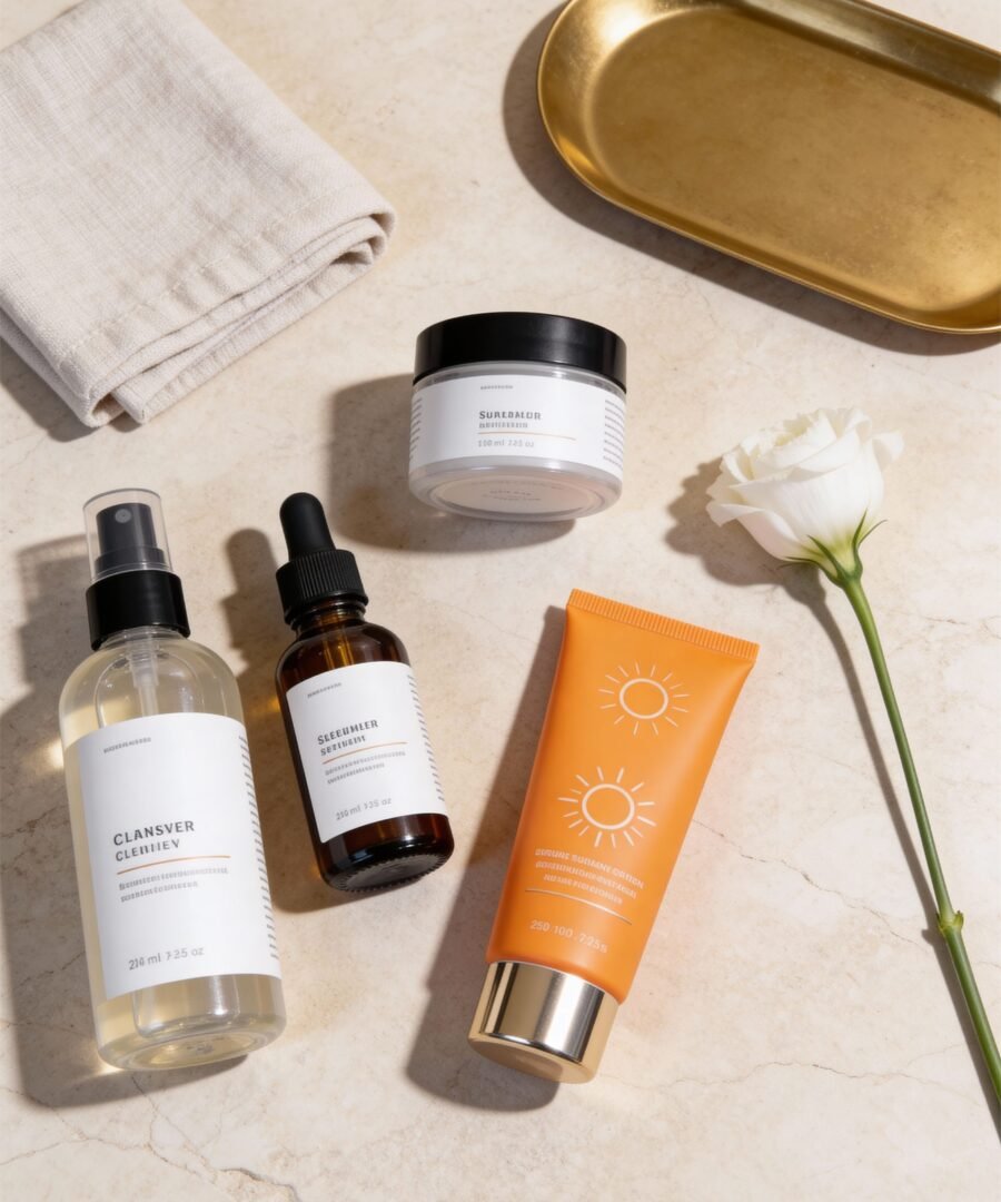 A polished flat lay of antioxidant skincare products.