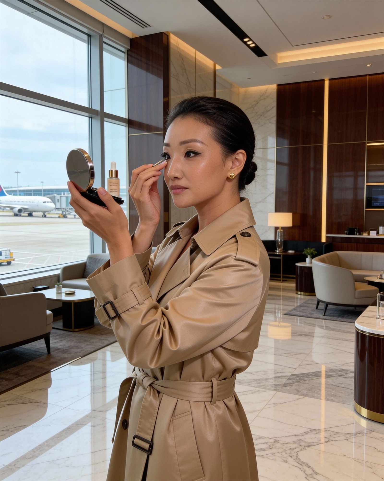 Susie checking her reflection in a polished mirror.