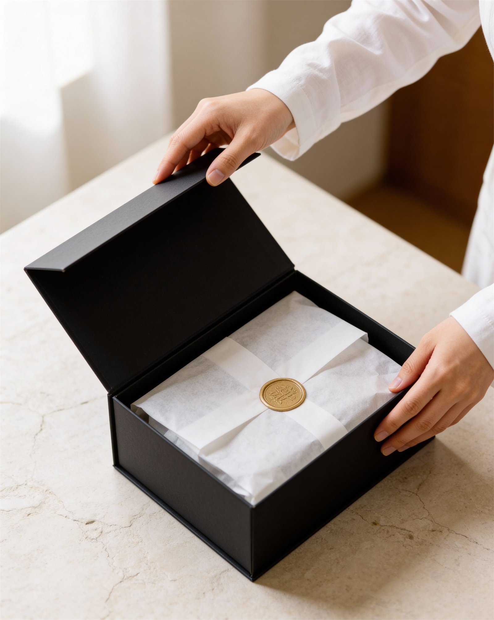 An elegant black beauty box being opened on a stone surface.