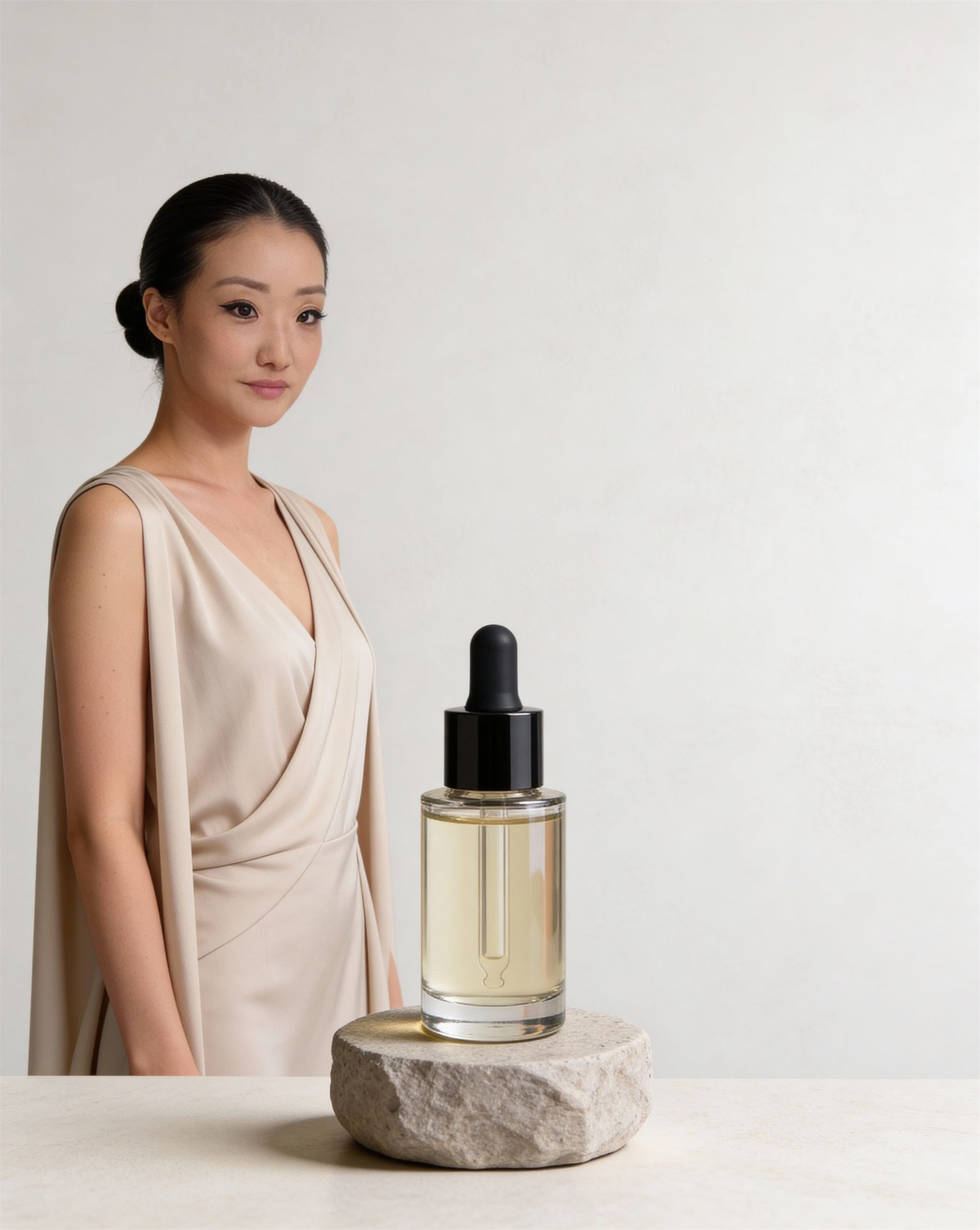A skincare serum bottle styled on a soft pedestal.