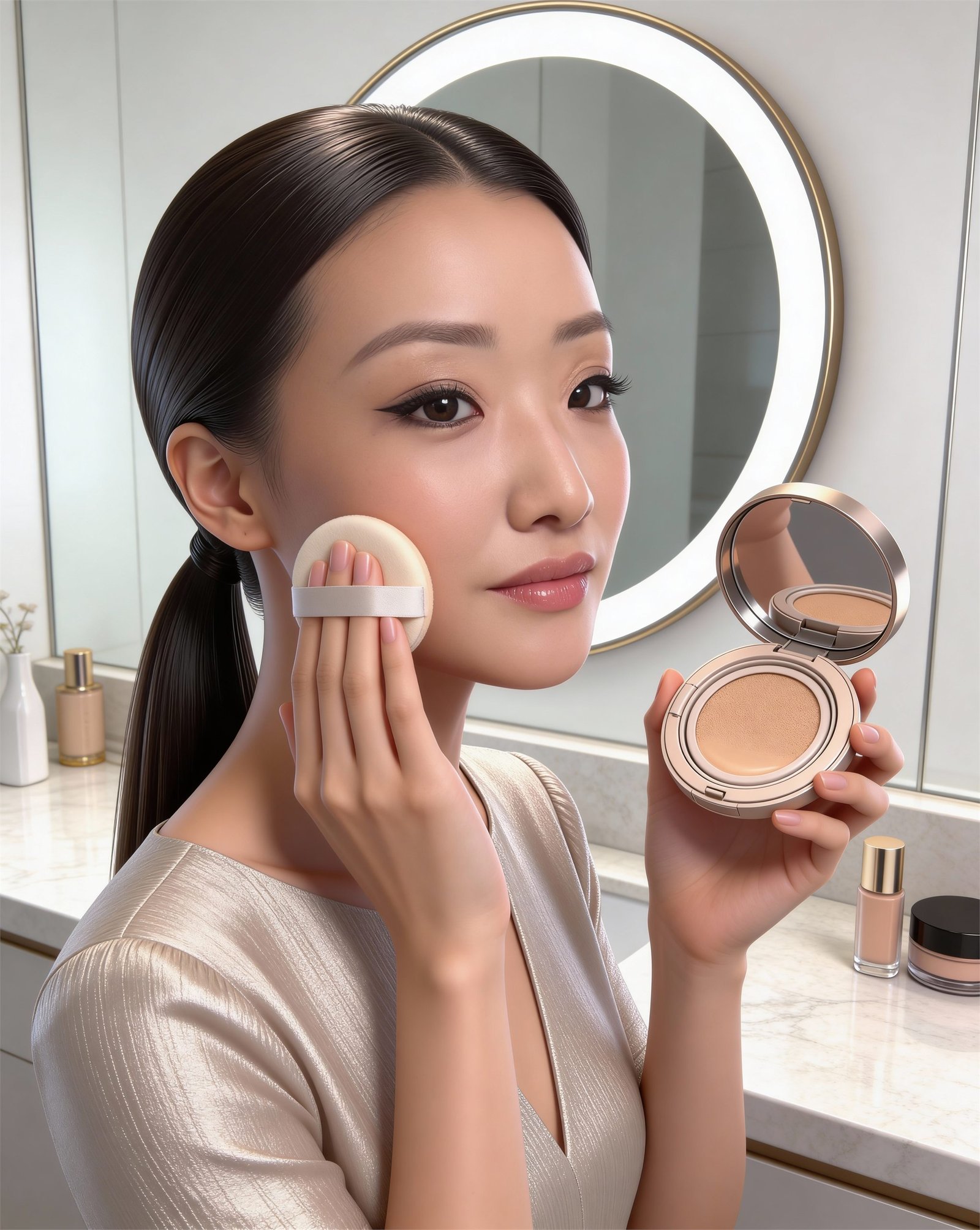 Susie applying complexion product in front of a mirror.