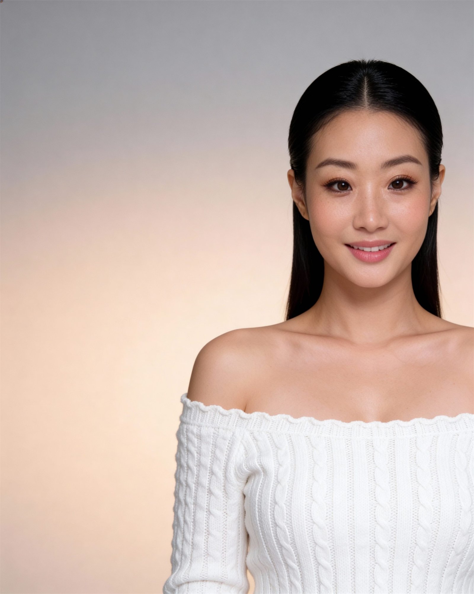 Portrait of Susie in an off-shoulder cream knit top.